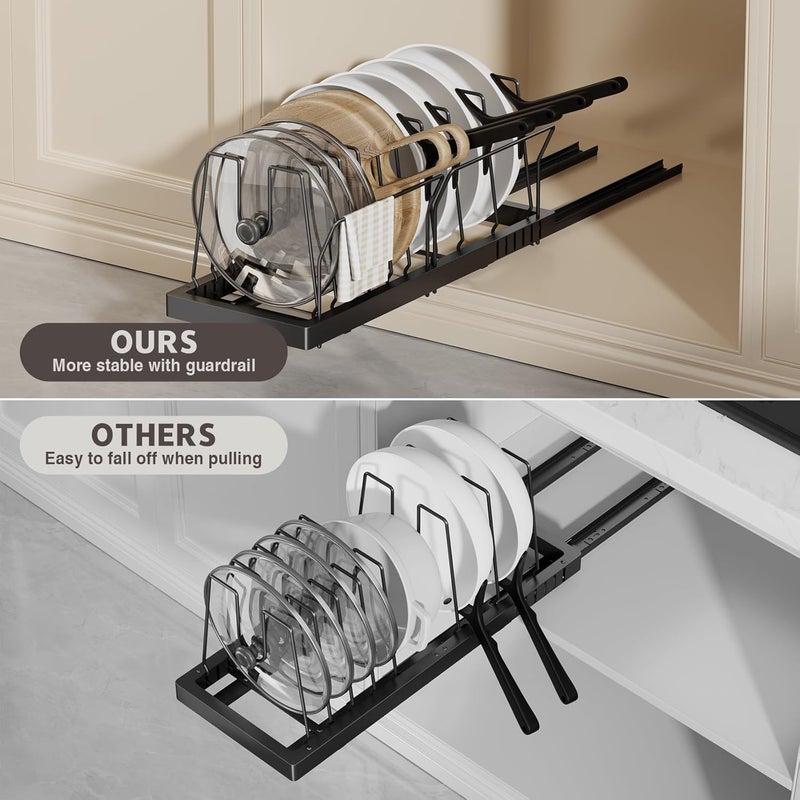 Magheo 2 Pack Pots and Pans Organizer Under Cabinet, 22" Deep Expandable Pull Out Pot Lid Organizer and Storage with 10 Adjustable Dividers No Drill Pot and Pan Holder Rack with Handle Bracket(Black) - Image 5